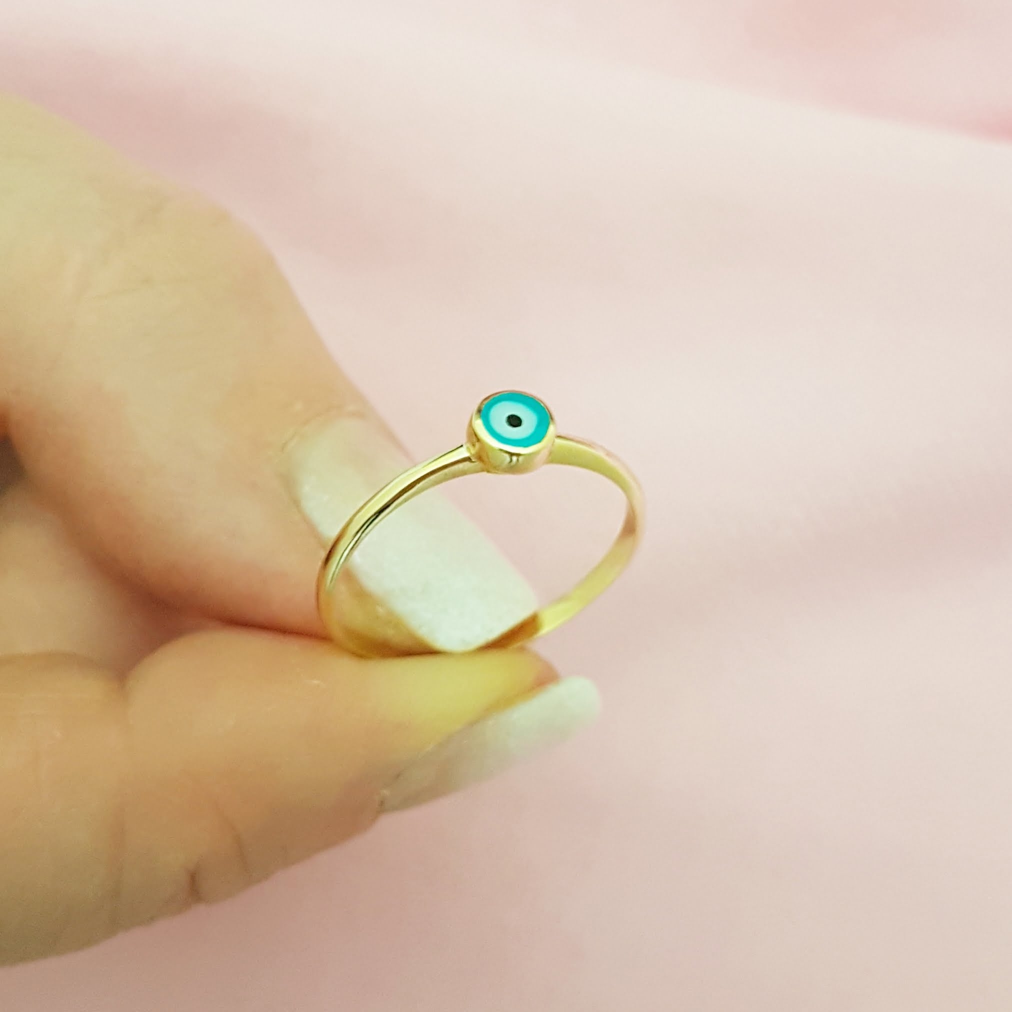 Evil Eye Ring Lucky Luck Nazar Protection For Women Jewelry 14K Yellow Gold Turquoise or Navy Blue